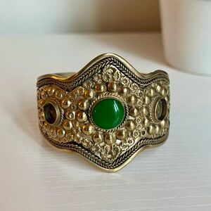 Moroccan Tribal Boho Statement Cuff Bracelet – Green Cabochon Accent